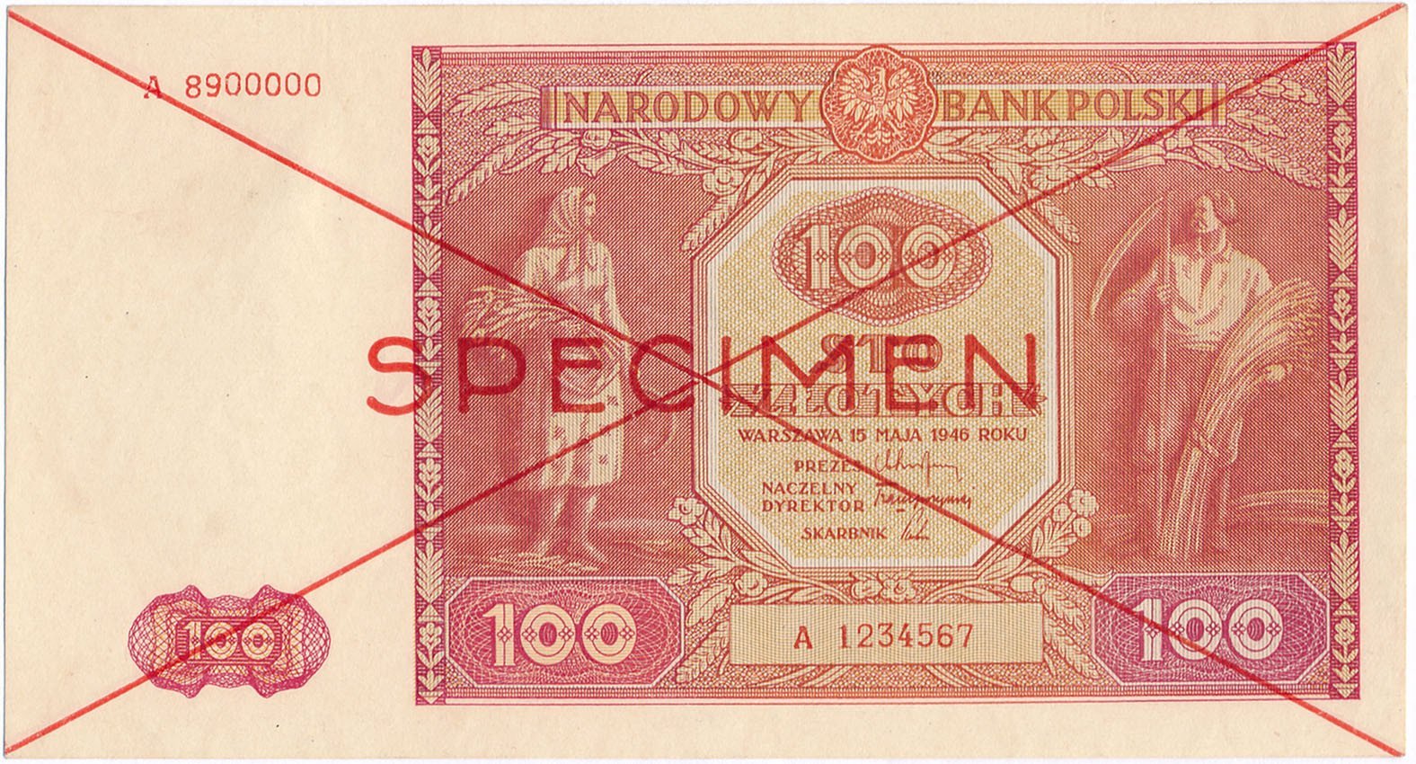 Banknot. 100 złotych 1946 seria A SPECIMEN